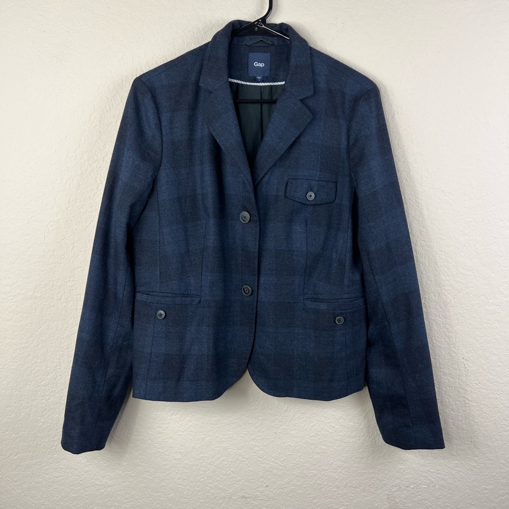 Gap Navy Blue Wool Plaid Check Blazer Jacket size 12